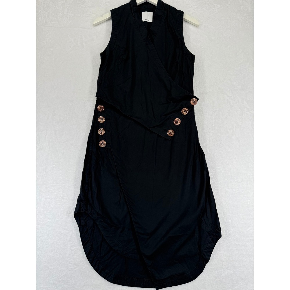 Acler Black Sleeveless Wrap Dress Button Detail Asymmetrical Hem Size US 6
